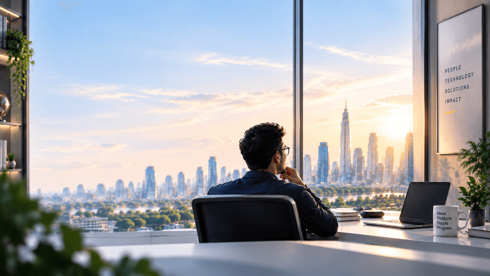 A professional overlooking a city skyline — Anviom software, AI and automation for business