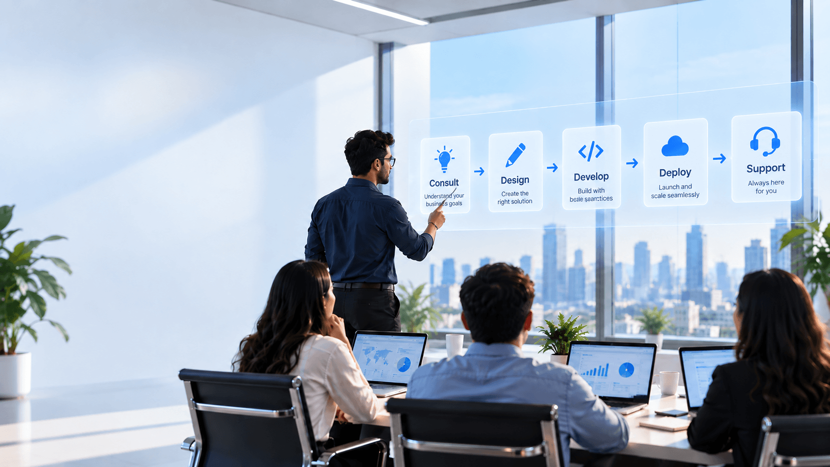 Anviom's delivery process in action — Consult, Design, Develop, Deploy, and Support