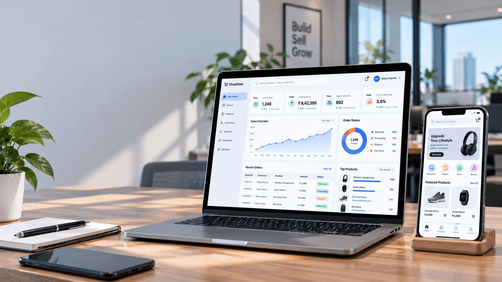 Business software dashboards on a laptop and phone — Anviom software products